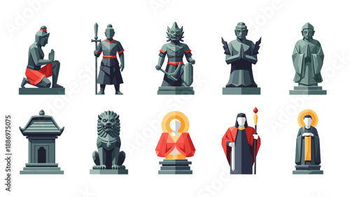 Low Poly Collection of diverse stone statues and sculptures in a flat, geometric art style