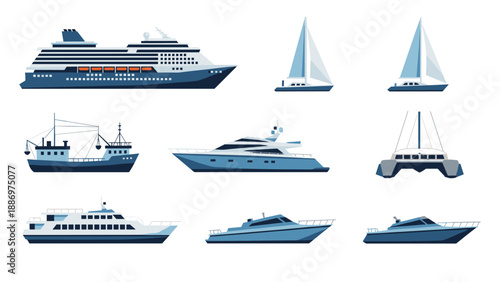 Low Poly Collection of various blue watercraft illustrations on a white background