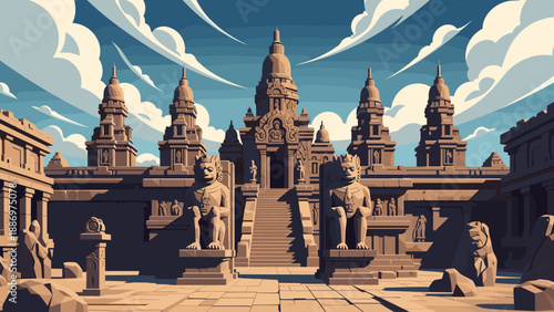 Low Poly Ancient Cambodian temple complex with guardian statues under a cloudy sky