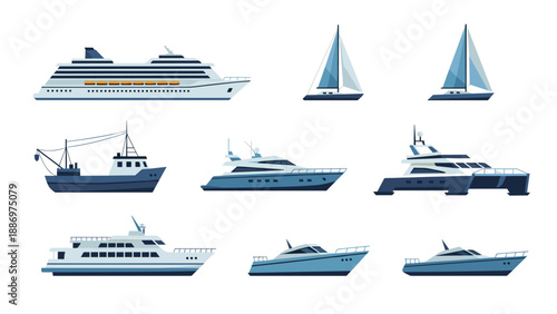 Low Poly Collection of various watercraft including cruise ship, yachts, sailboats, and fishing boat
