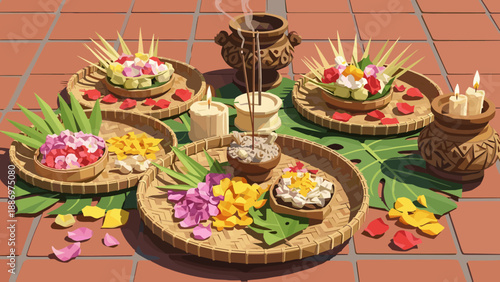 Low Poly Balinese offerings with flowers, incense, and candles arranged on woven trays