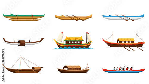 Low Poly Collection of diverse traditional boats and watercraft from around the world