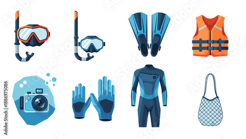 Low Poly Collection of scuba diving and snorkeling equipment for underwater adventures