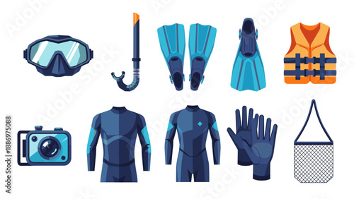 Low Poly Collection of scuba diving and snorkeling equipment for underwater adventures