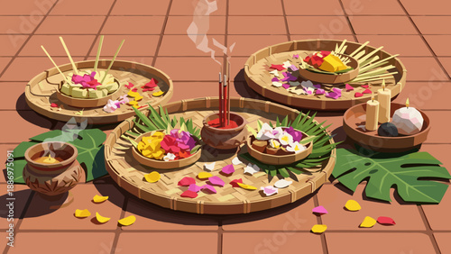 Low Poly Balinese offerings with incense, flowers, and candles on woven trays