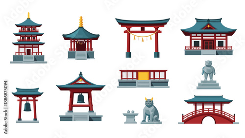 Low Poly Collection of traditional Japanese architectural elements and statues in a flat design style