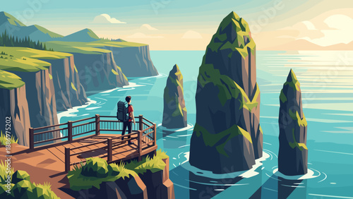 Low Poly Solo hiker admires dramatic sea stacks and coastal cliffs from a scenic viewpoint