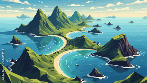 Low Poly Serene tropical islands with lush green mountains and calm turquoise waters