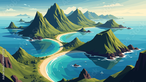 Low Poly Serene tropical islands with lush green mountains and turquoise bays, a picturesque coastal landscape