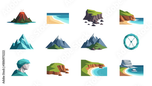 Low Poly Collection of stylized geometric landscape icons featuring mountains, coastlines, and a volcano