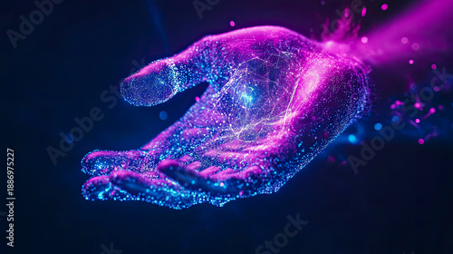 Abstract visualization of human hand made of glowing blue and magenta particles, symbolizing connectivity, big data, and future of artificial intelligence networks.
