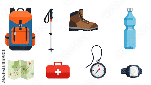Low Poly Collection of essential hiking and camping gear items for outdoor adventures
