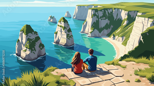 Low Poly Couple enjoys breathtaking view of sea stacks and white cliffs from a grassy overlook