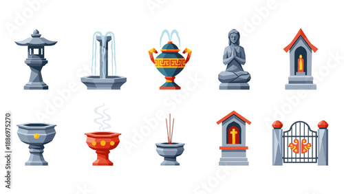 Low Poly Collection of decorative garden and religious elements for outdoor spaces