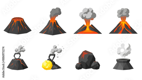 Low Poly Collection of stylized volcano icons showing different stages of eruption and geological formations