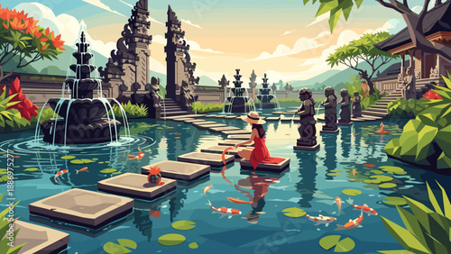 Low Poly Serene Balinese Garden with Koi Pond and Traditional Architecture