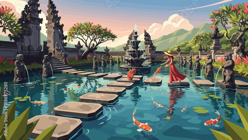Low Poly Serene Balinese garden with koi pond, stepping stones, and a woman in a red dress