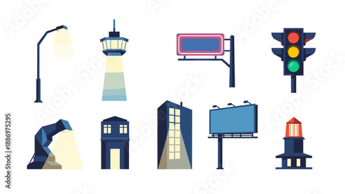 Low Poly Collection of urban elements and structures in a flat design style