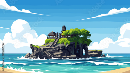 Low Poly Iconic Balinese temple perched on a rocky island surrounded by ocean waves