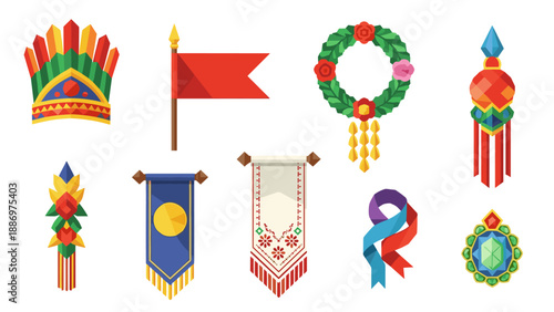 Low Poly Collection of decorative cultural and ceremonial ornaments and symbols