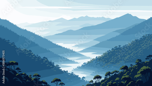 Low Poly Serene mountain valley with a winding river and lush green slopes under a hazy sky