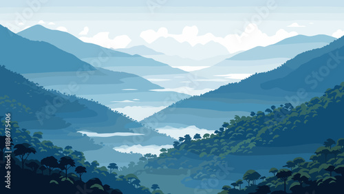 Low Poly Serene blue mountain landscape with layered peaks and misty valleys