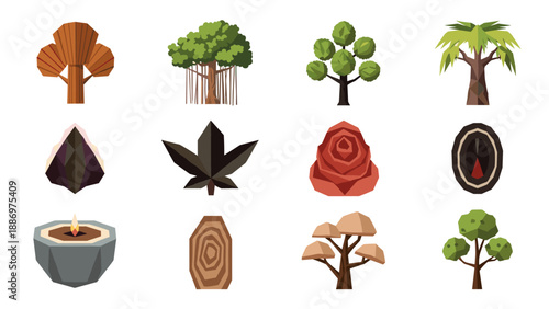 Low Poly Collection of stylized nature and organic elements in a geometric, low-poly art style