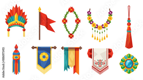Low Poly Collection of traditional decorative elements and symbols from various cultures
