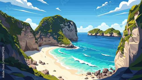 Low Poly Idyllic tropical island cove with turquoise water and lush green cliffs under a bright blue sky