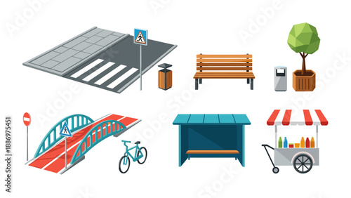 Low Poly Collection of urban street elements and public amenities in isometric view