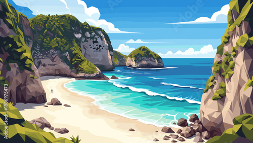 Low Poly Idyllic tropical beach with turquoise water and lush green cliffs under a clear blue sky