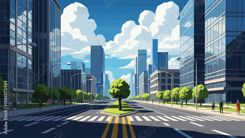 Low Poly Modern city street with glass skyscrapers and green trees under a cloudy blue sky