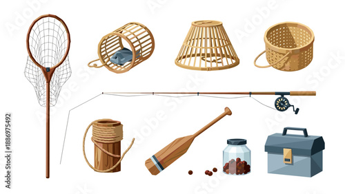 Low Poly Collection of traditional fishing gear and accessories for a successful catch