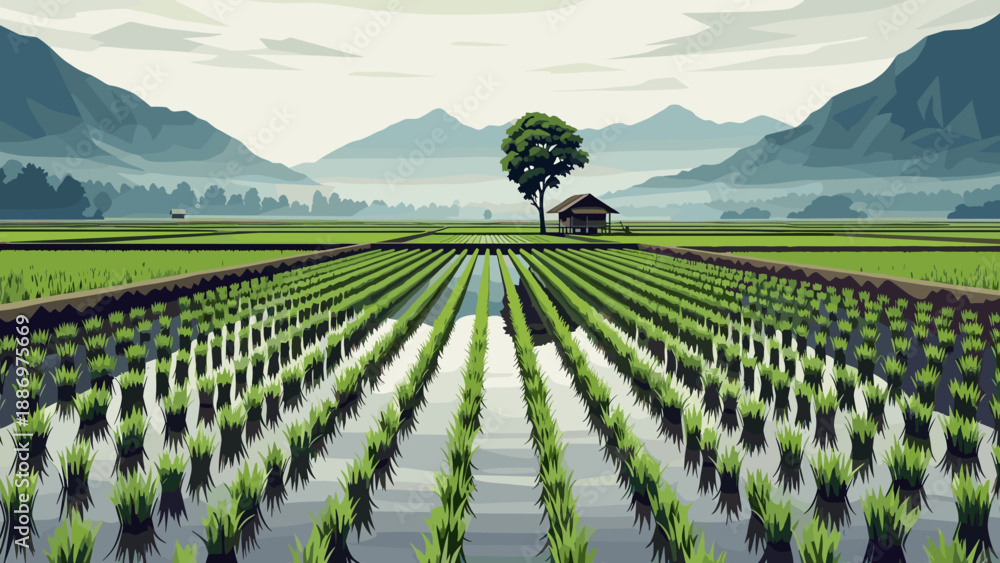 Fototapeta premium Low Poly Vast green rice paddies stretch towards misty mountains with a lone tree and hut
