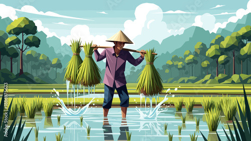 Low Poly Farmer carrying rice stalks on shoulders through flooded paddy field with mountains in background