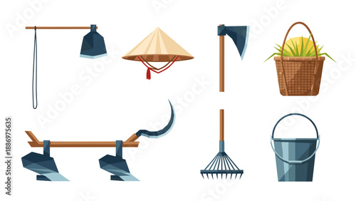 Low Poly Collection of traditional farming tools and harvest basket with produce