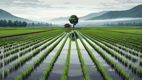 Low Poly Lush green rice terraces stretch towards misty mountains under a cloudy sky