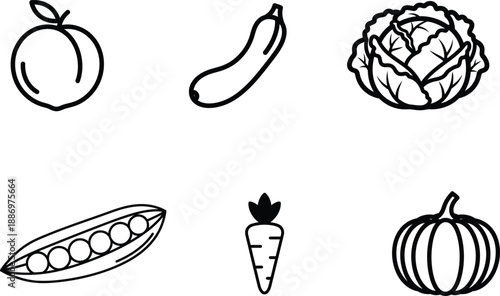 black and white line drawing of various fruits and vegetables