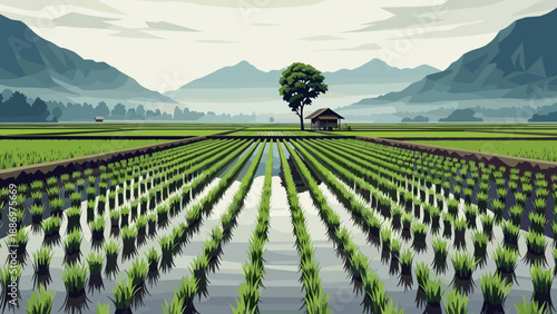 Low Poly Vast green rice paddies stretch towards misty mountains with a lone tree and hut
