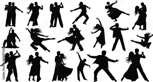 Dancing couple silhouette set showing ballroom tango salsa and romantic partner dance poses isolated on white background for music performance illustration design collection
