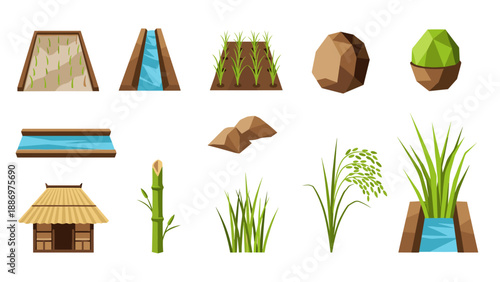 Low Poly Collection of stylized elements for rice farming and traditional Asian agriculture