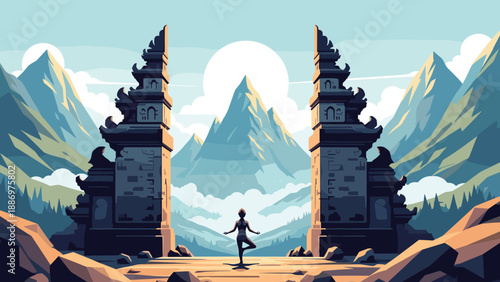 Low Poly Serene yoga pose at ancient Balinese gate with majestic mountain backdrop