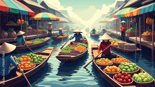 Low Poly Floating market scene with vendors selling fresh produce from boats in a canal