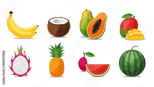 Low Poly Collection of colorful, low-poly tropical fruits arranged in a grid on a white background