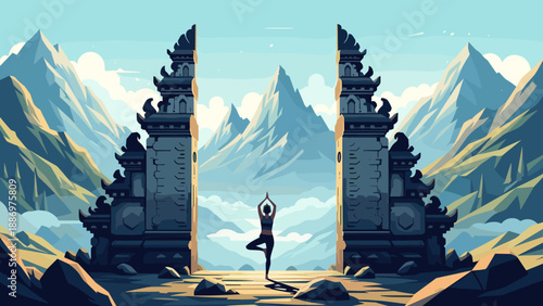 Low Poly Serene yoga practice at ancient temple gates with majestic mountain backdrop