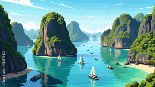 Low Poly Sailboats glide through turquoise waters amidst lush green karst islands in a tropical bay