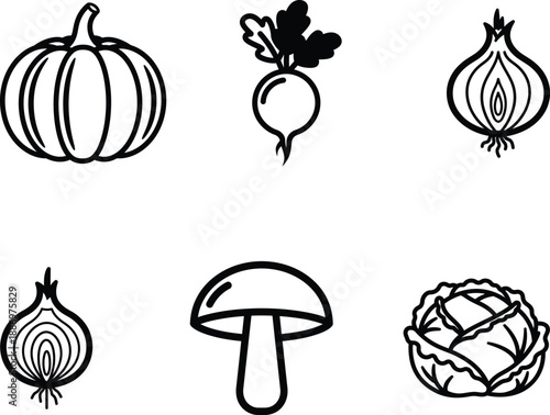 black and white vegetable icons including pumpkin beetroot onions mushroom and cabbage