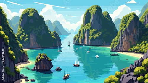 Low Poly Idyllic tropical bay with limestone karsts and boats sailing on turquoise waters