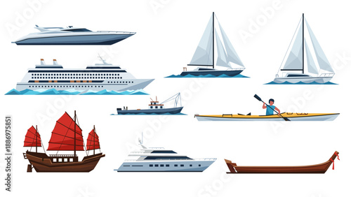 Low Poly Collection of diverse watercraft including yachts, sailboats, cruise ship, and kayak