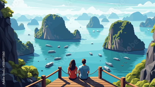 Low Poly Couple enjoys scenic view of Ha Long Bay with limestone karsts and boats